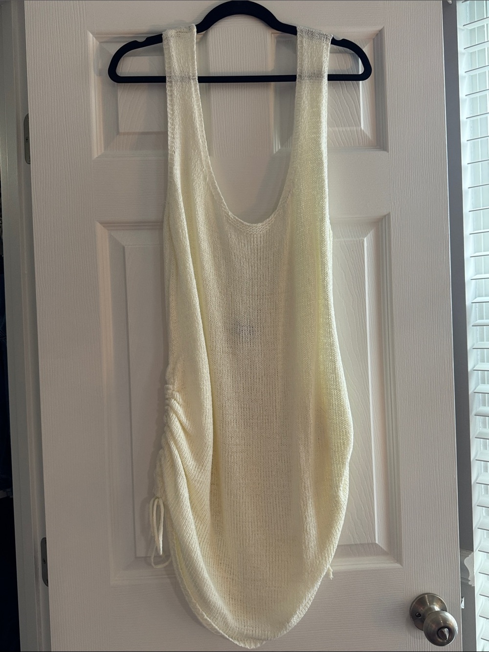 Light Cream Sleeveless Knit Tunic with Side Drawstrings